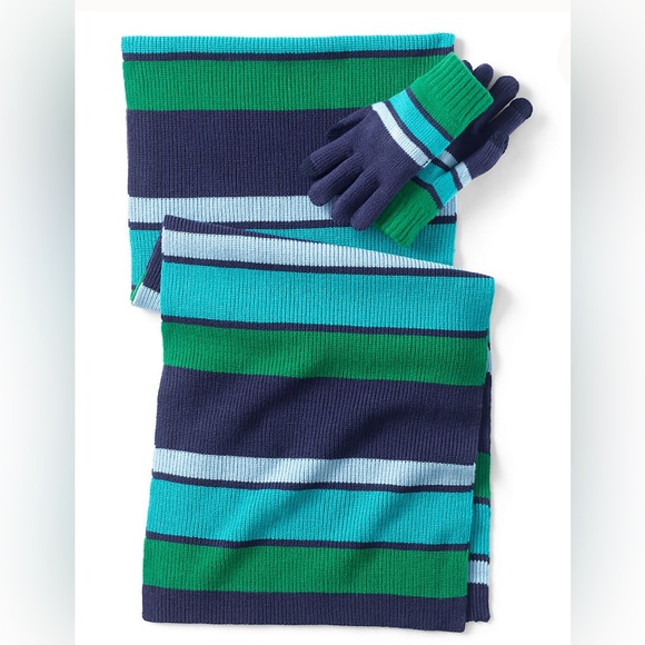 Land’s End Mens Scarf and Gloves Set in Deep Sea Navy Multi Stripe